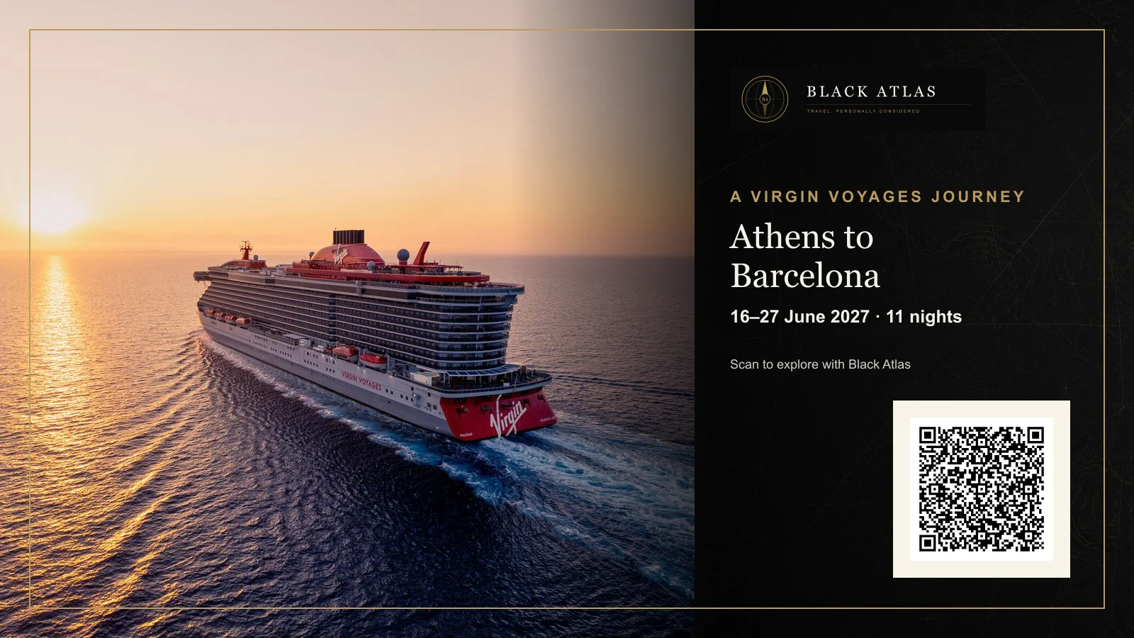Black Atlas voyage card for the 16 June 2027 Virgin Voyages sailing from Athens to Barcelona